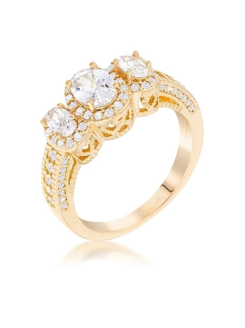18K Gold Plated 3-Stone Simulated Diamond Halo Ring, 1.65 Ct, NEW - Picture 1 of 6